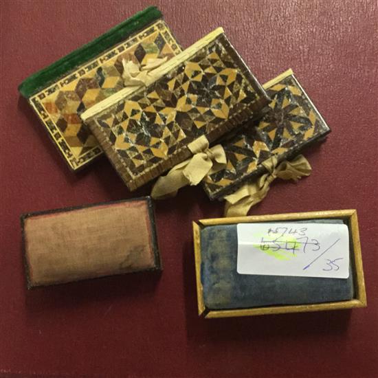 Tunbridge Ware - 3 neeedle cases & 2 pin cushion boxes